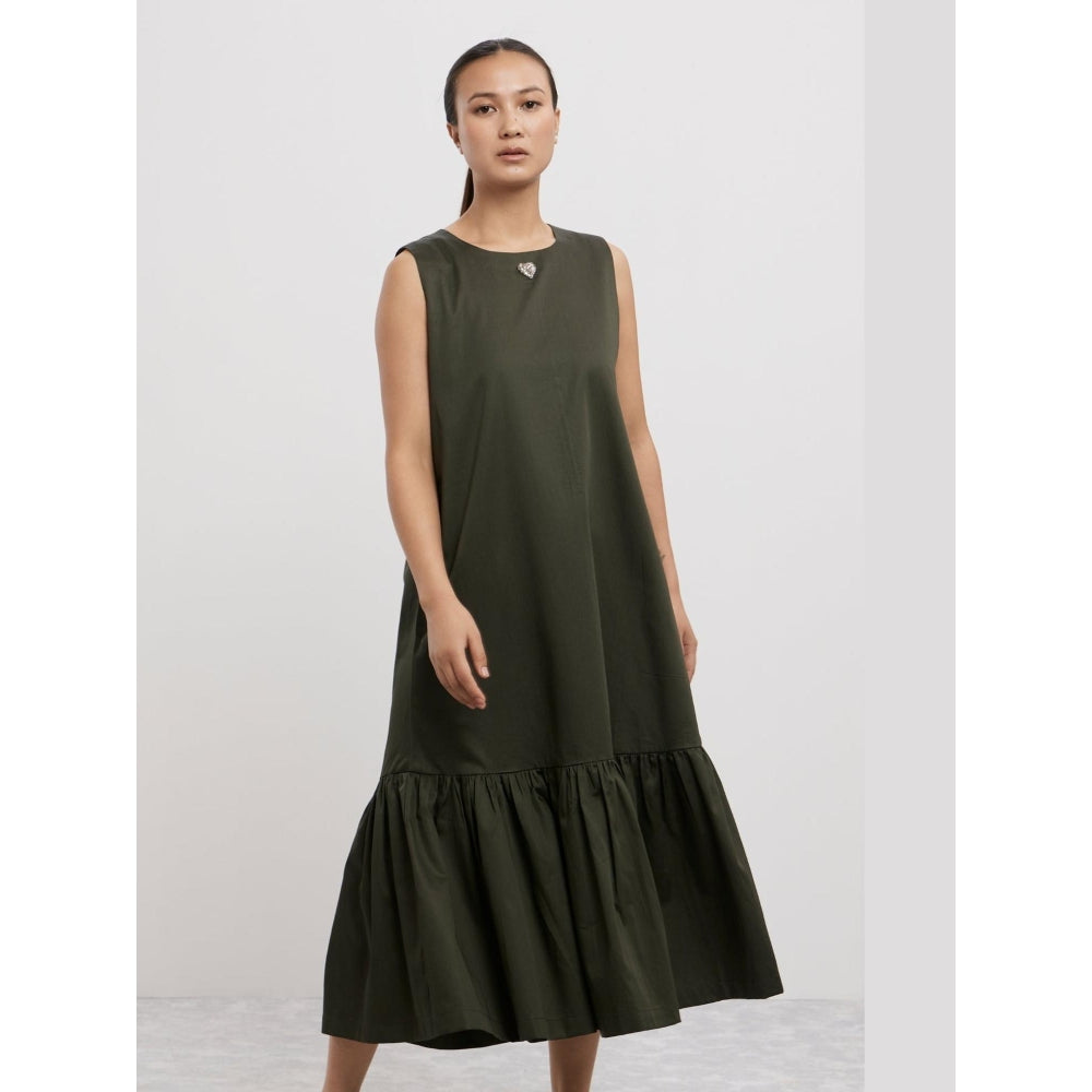 Pallavi Swadi Olive Frill Long Dress with Small Swarovski Heart