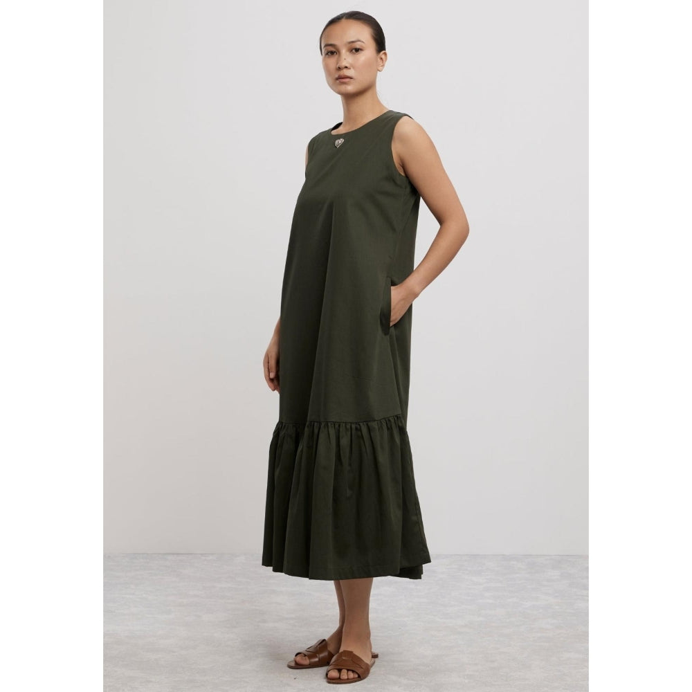 Pallavi Swadi Olive Frill Long Dress with Small Swarovski Heart