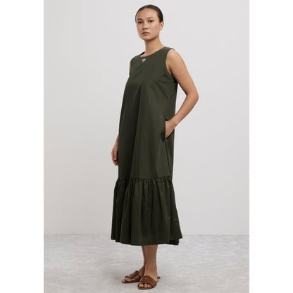 Pallavi Swadi Olive Frill Long Dress with Small Swarovski Heart