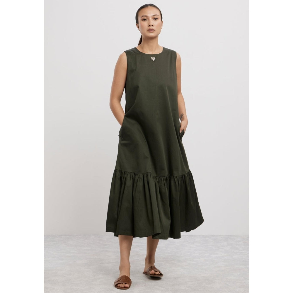 Pallavi Swadi Olive Frill Long Dress with Small Swarovski Heart