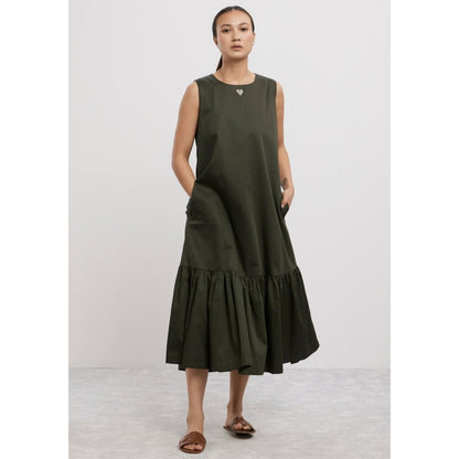 Pallavi Swadi Olive Frill Long Dress with Small Swarovski Heart