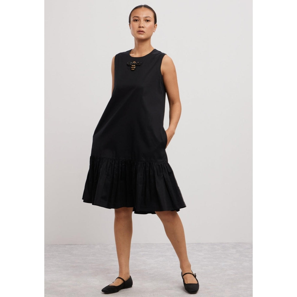 Pallavi Swadi Black Short Frill Dress with Beetle Brooch