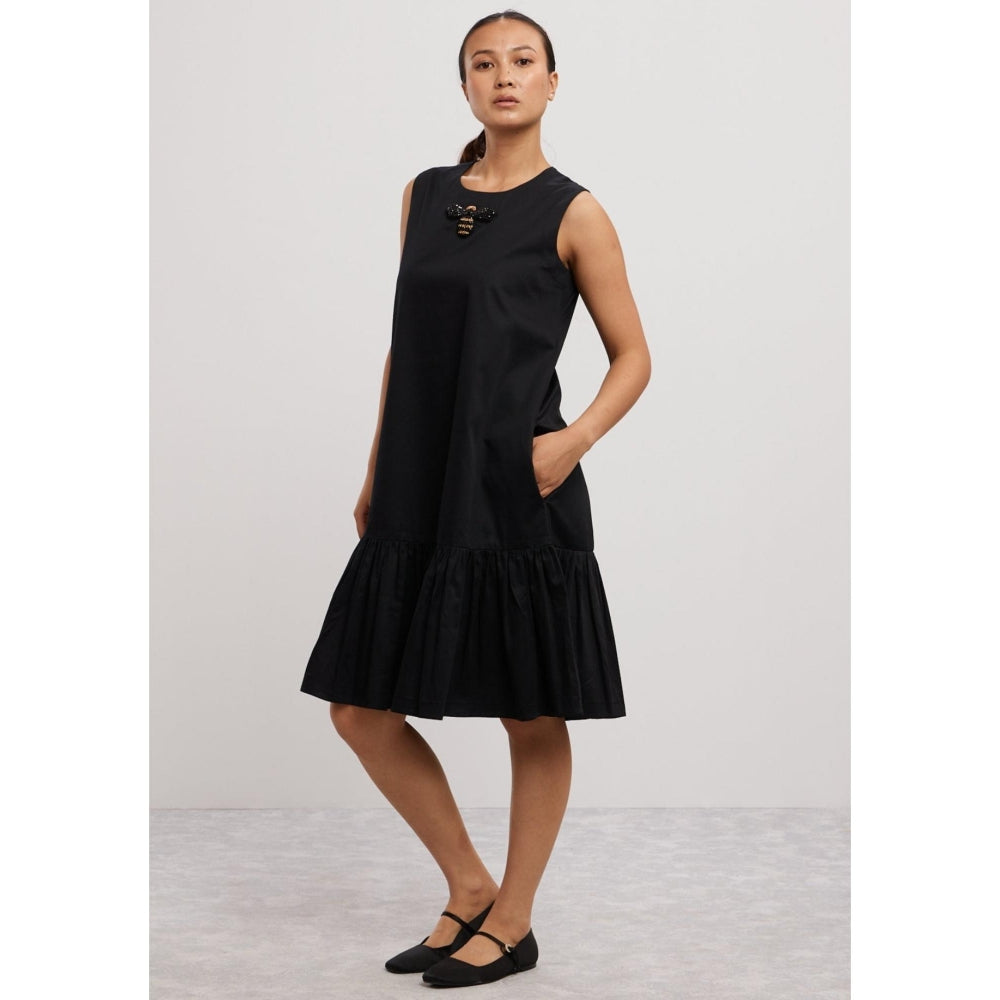 Pallavi Swadi Black Short Frill Dress with Beetle Brooch