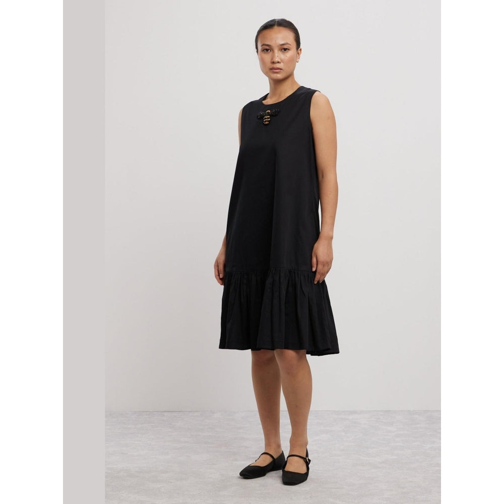 Pallavi Swadi Black Short Frill Dress with Beetle Brooch