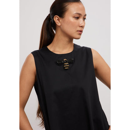 Pallavi Swadi Black Short Frill Dress with Beetle Brooch