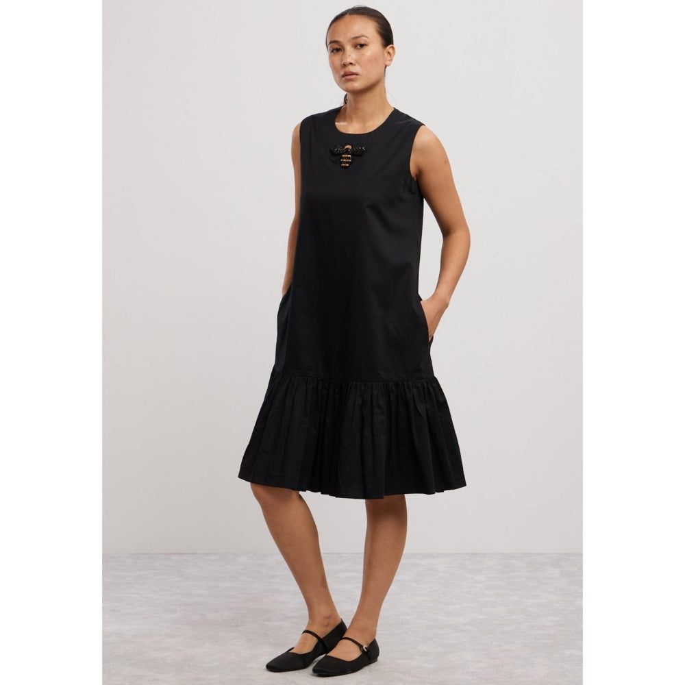Pallavi Swadi Black Short Frill Dress with Beetle Brooch