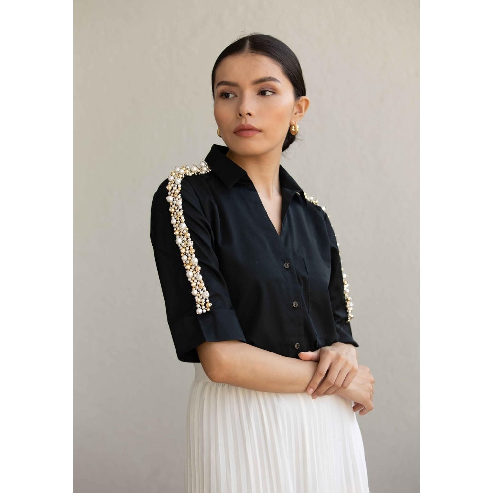 Pallavi Swadi Black Audrey Pearl Ribbon Shirt