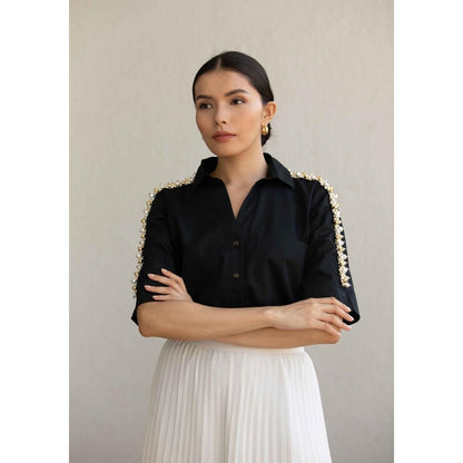 Pallavi Swadi Black Audrey Pearl Ribbon Shirt