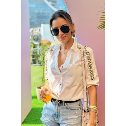 Pallavi Swadi White Audrey Pearl Ribbon Shirt