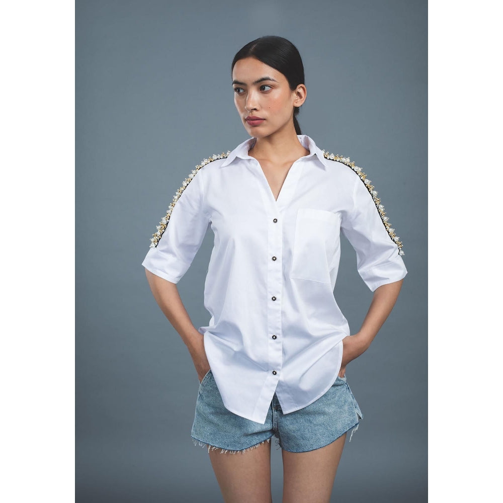 Pallavi Swadi White Audrey Pearl Ribbon Shirt