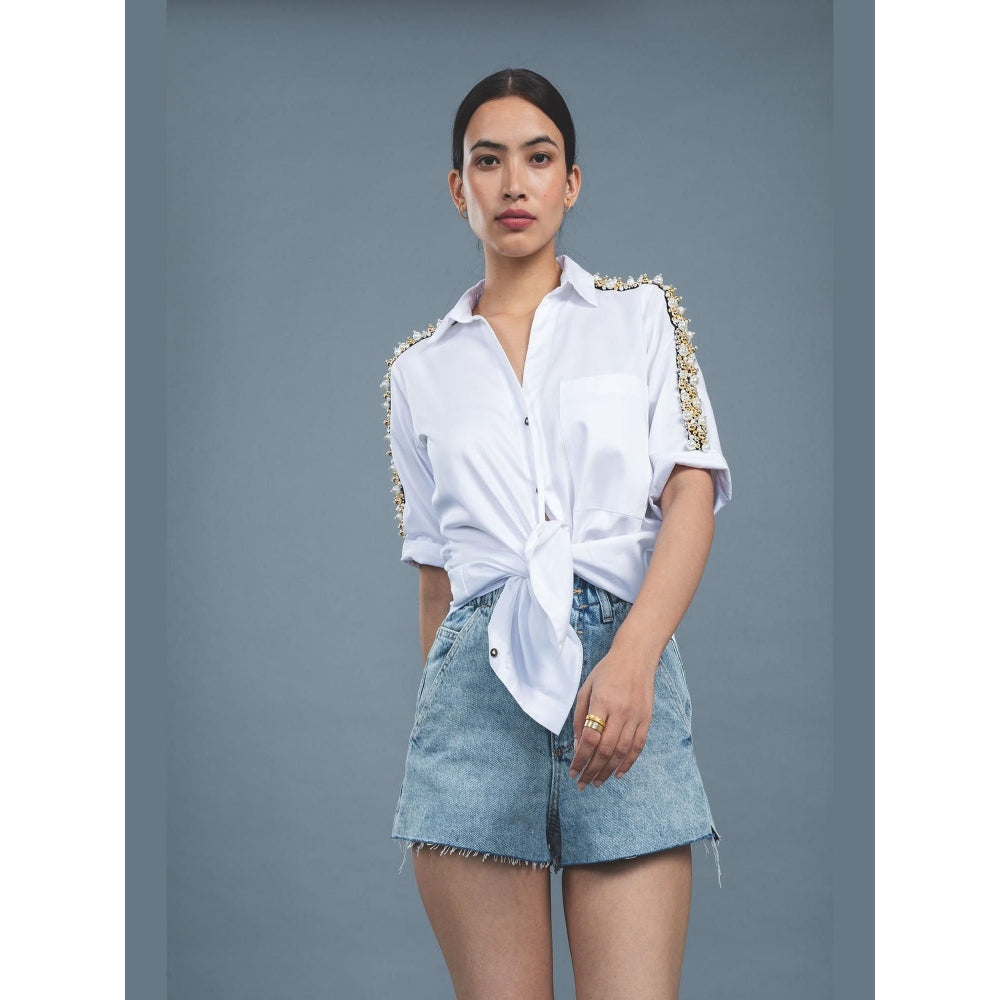 Pallavi Swadi White Audrey Pearl Ribbon Shirt