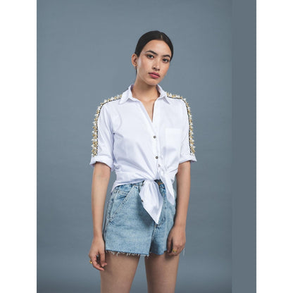 Pallavi Swadi White Audrey Pearl Ribbon Shirt