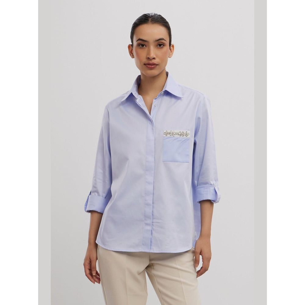 Pallavi Swadi Sky Blue Swarovski Flower Strip Shirt