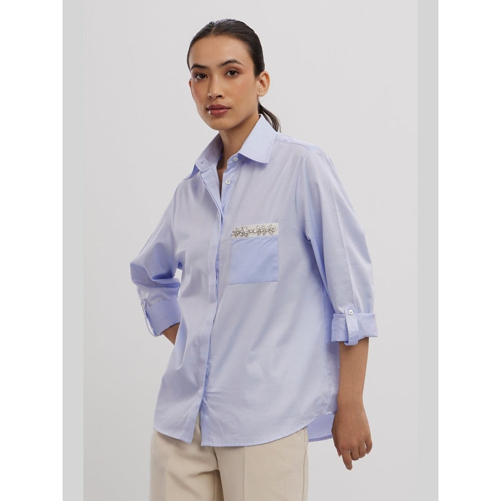 Pallavi Swadi Sky Blue Swarovski Flower Strip Shirt