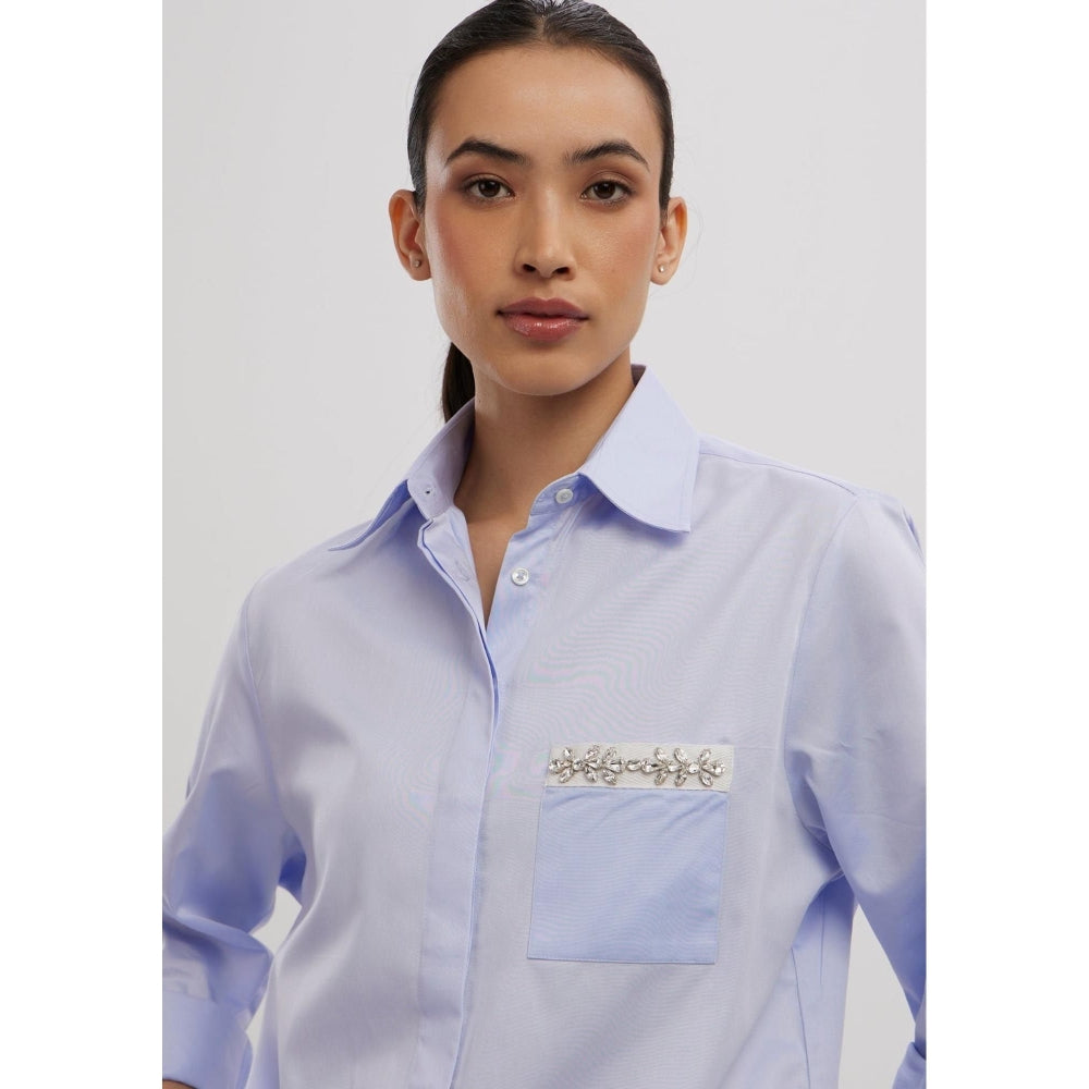Pallavi Swadi Sky Blue Swarovski Flower Strip Shirt