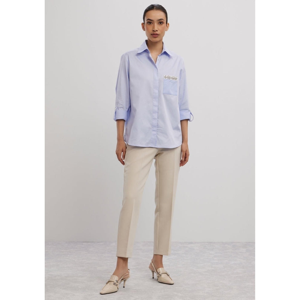 Pallavi Swadi Sky Blue Swarovski Flower Strip Shirt