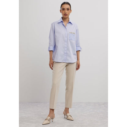 Pallavi Swadi Sky Blue Swarovski Flower Strip Shirt