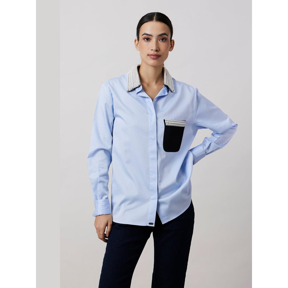Pallavi Swadi Sky Blue Pearl Collar Pocket Shirt As Seen On The Royals On Netflix