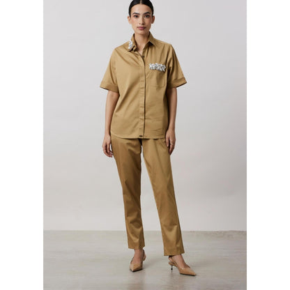 Pallavi Swadi Sand Collar Pocket Swarovski Co-Ord Set