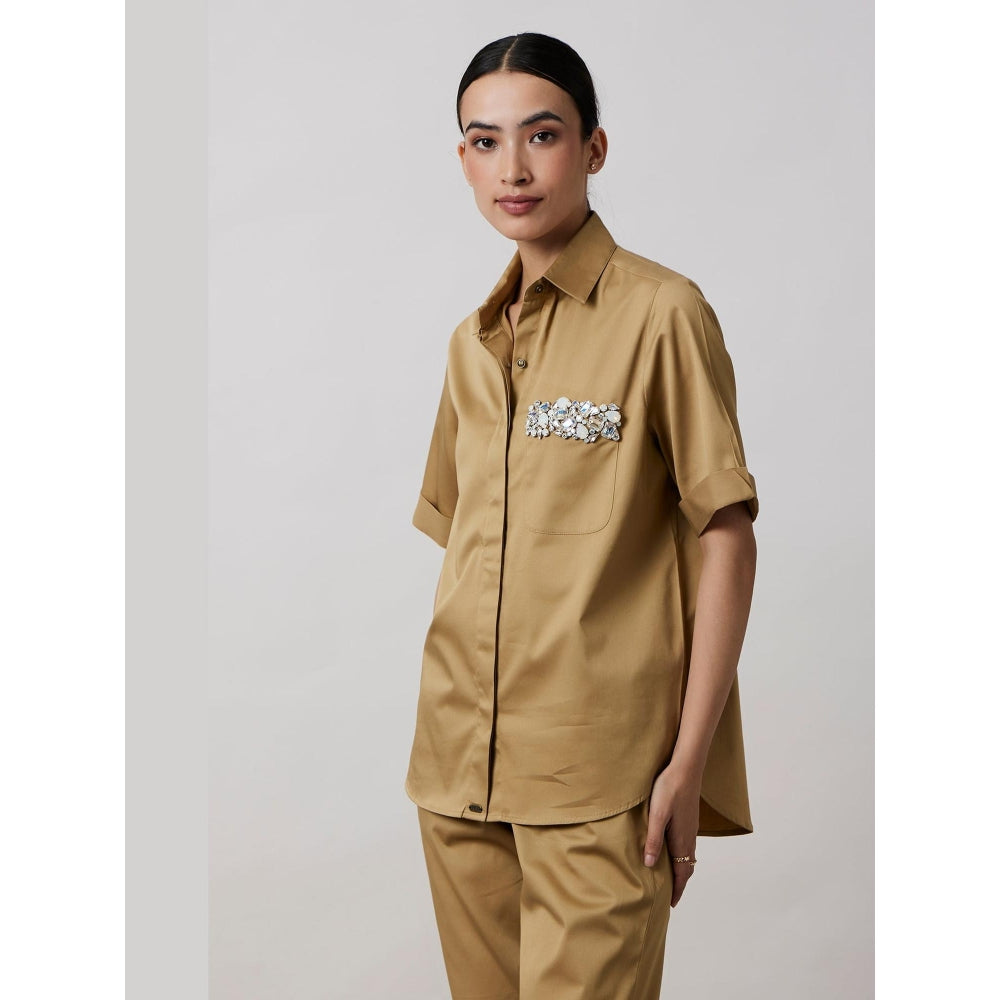 Pallavi Swadi Sand Collar Pocket Swarovski Co-Ord Set