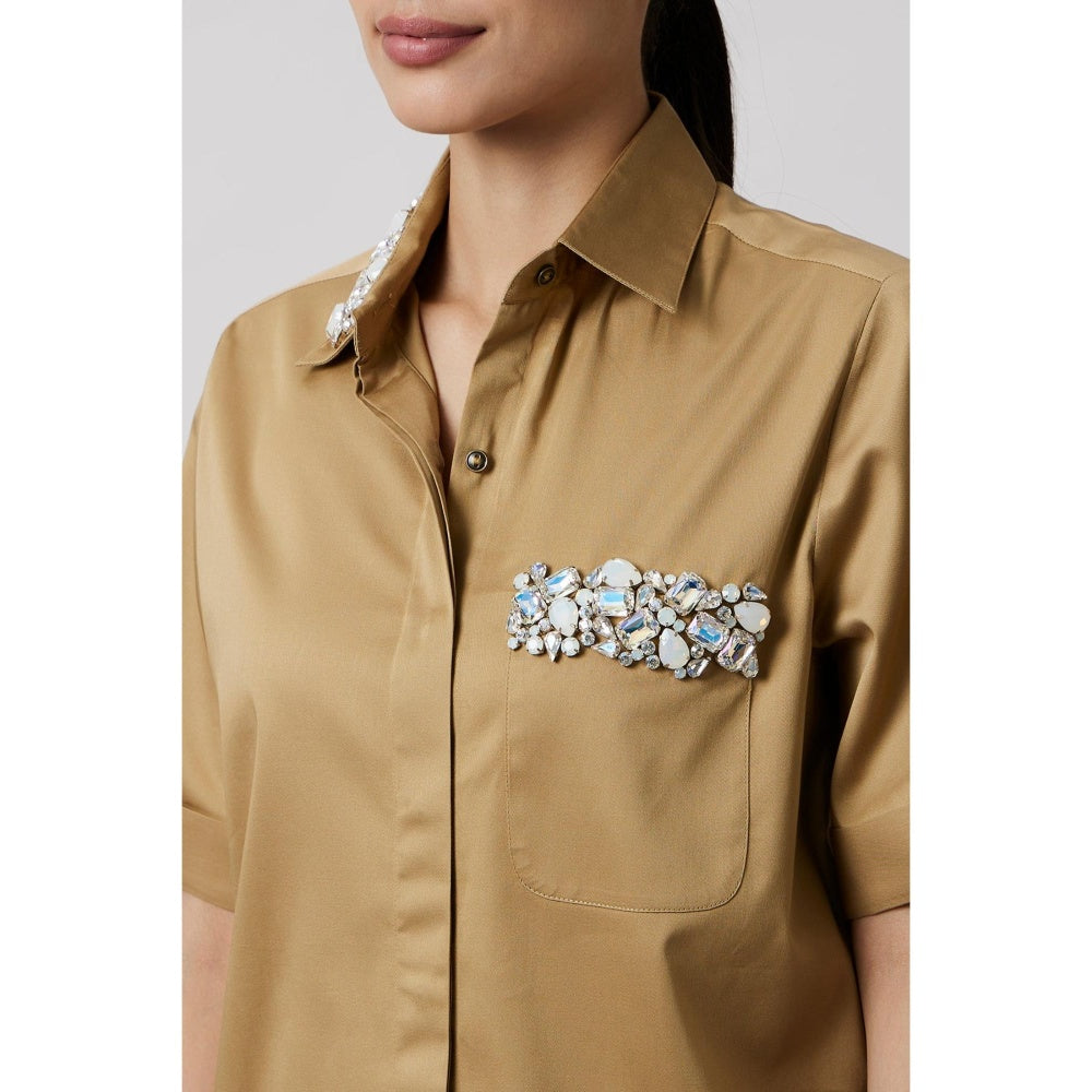 Pallavi Swadi Sand Collar Pocket Swarovski Co-Ord Set