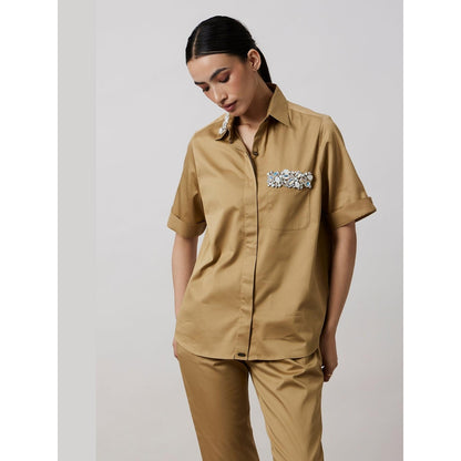 Pallavi Swadi Sand Collar Pocket Swarovski Co-Ord Set