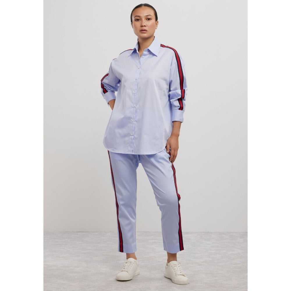 Pallavi Swadi Sky Blue Red Ribbon Co-Ord Set