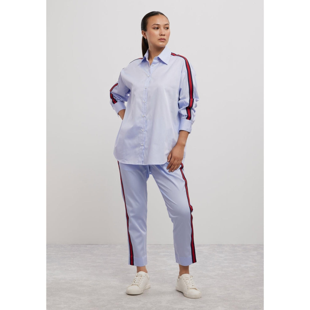Pallavi Swadi Sky Blue Red Ribbon Co-Ord Set