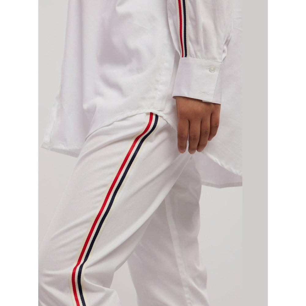 Pallavi Swadi White Blue Red Ribbon Co-Ord Set