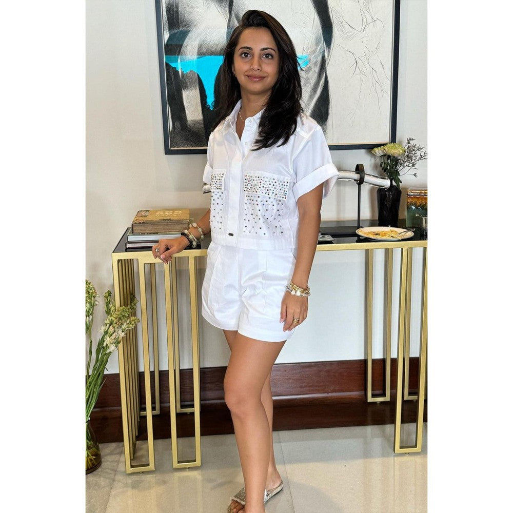 Pallavi Swadi White Multicolour Swarovski Studs Shorts Co-Ord Set