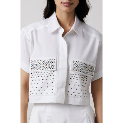 Pallavi Swadi White Multicolour Swarovski Studs Shorts Co-Ord Set