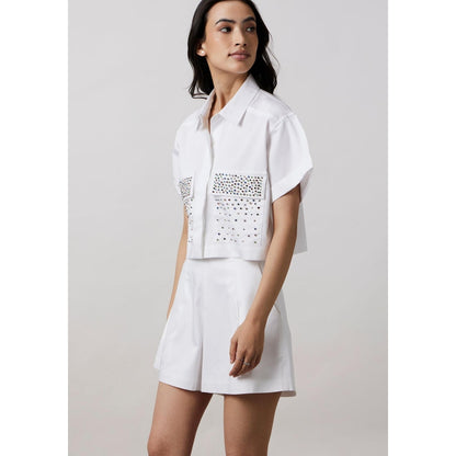 Pallavi Swadi White Multicolour Swarovski Studs Shorts Co-Ord Set