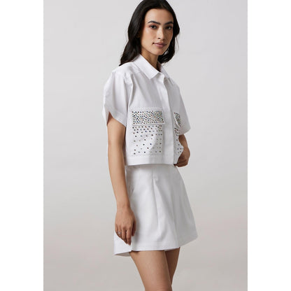 Pallavi Swadi White Multicolour Swarovski Studs Shorts Co-Ord Set