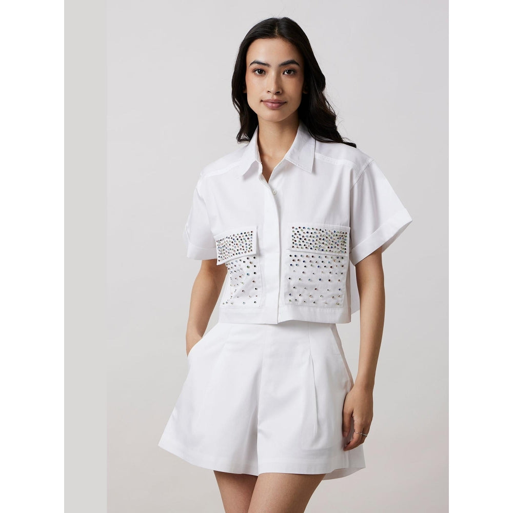 Pallavi Swadi White Multicolour Swarovski Studs Shorts Co-Ord Set
