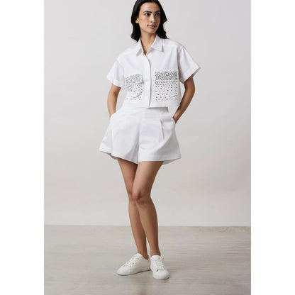 Pallavi Swadi White Multicolour Swarovski Studs Shorts Co-Ord Set