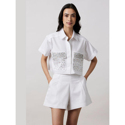 Pallavi Swadi White Multicolour Swarovski Studs Shorts Co-Ord Set