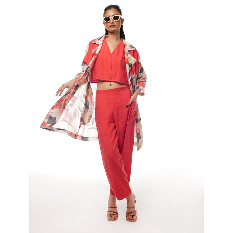 Pallavi Agarwal Rust Crimson Crop Top with Pant and Jacket (Set of 3)