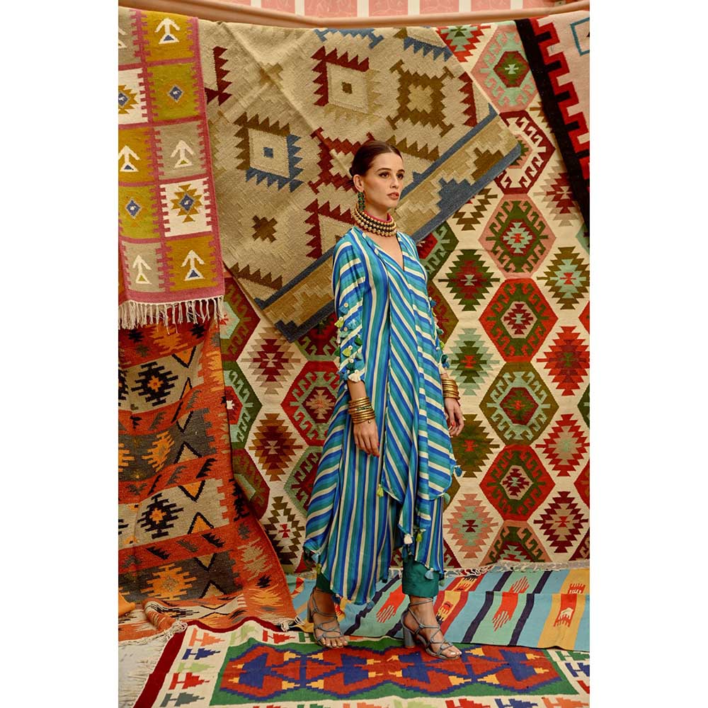 PALLAVI JAIPUR Cobalt Blue Indi- Leheriya Tassel Kurta with Pant (Set of 2)