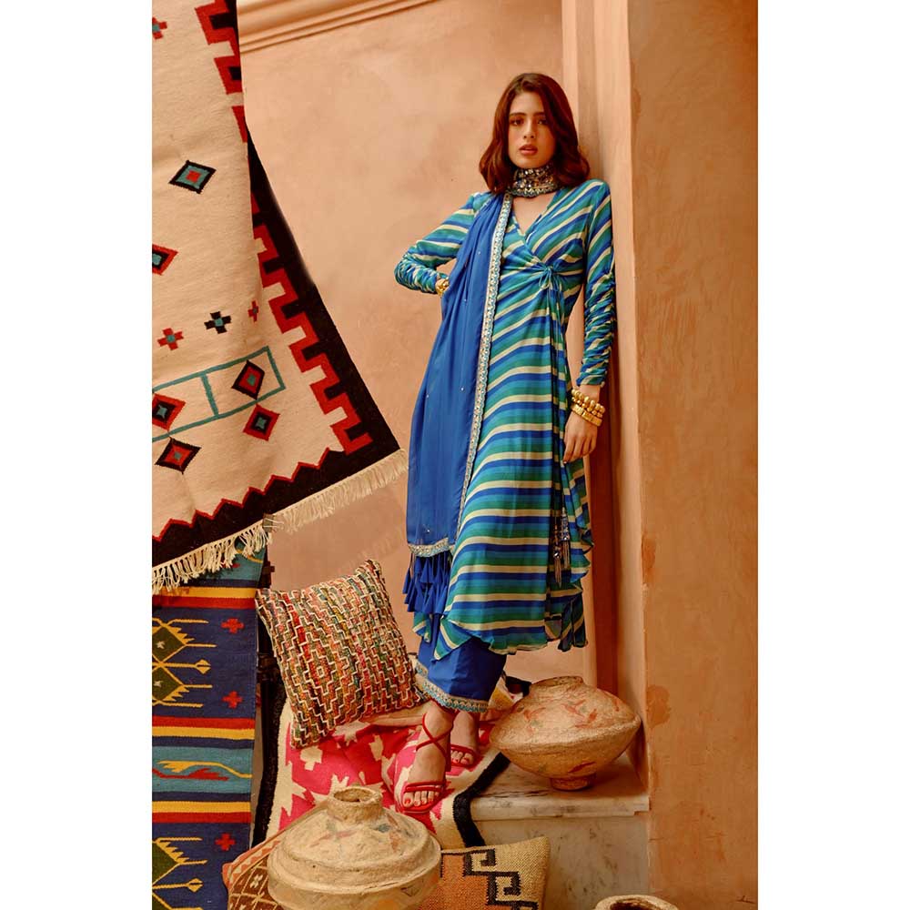 PALLAVI JAIPUR Cobalt Blue Indi-Leheriya Wrap Angarkha with Pant and Dupatta (Set of 3)