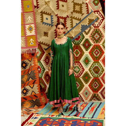 PALLAVI JAIPUR Green Slit Sleeve Anarkali with Multi-Color Dupatta and Pant (Set of 3)