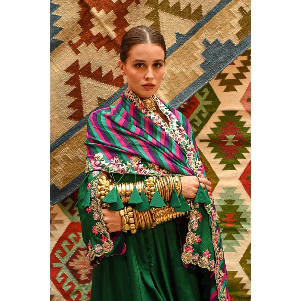 PALLAVI JAIPUR Green Slit Sleeve Anarkali with Multi-Color Dupatta and Pant (Set of 3)