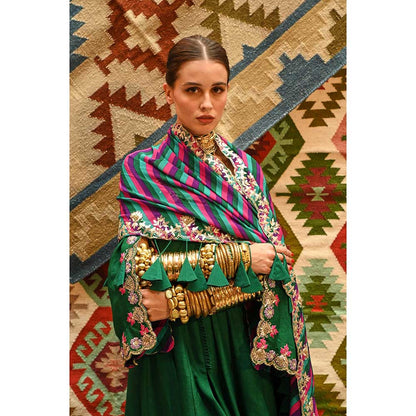 PALLAVI JAIPUR Green Slit Sleeve Anarkali with Multi-Color Dupatta and Pant (Set of 3)