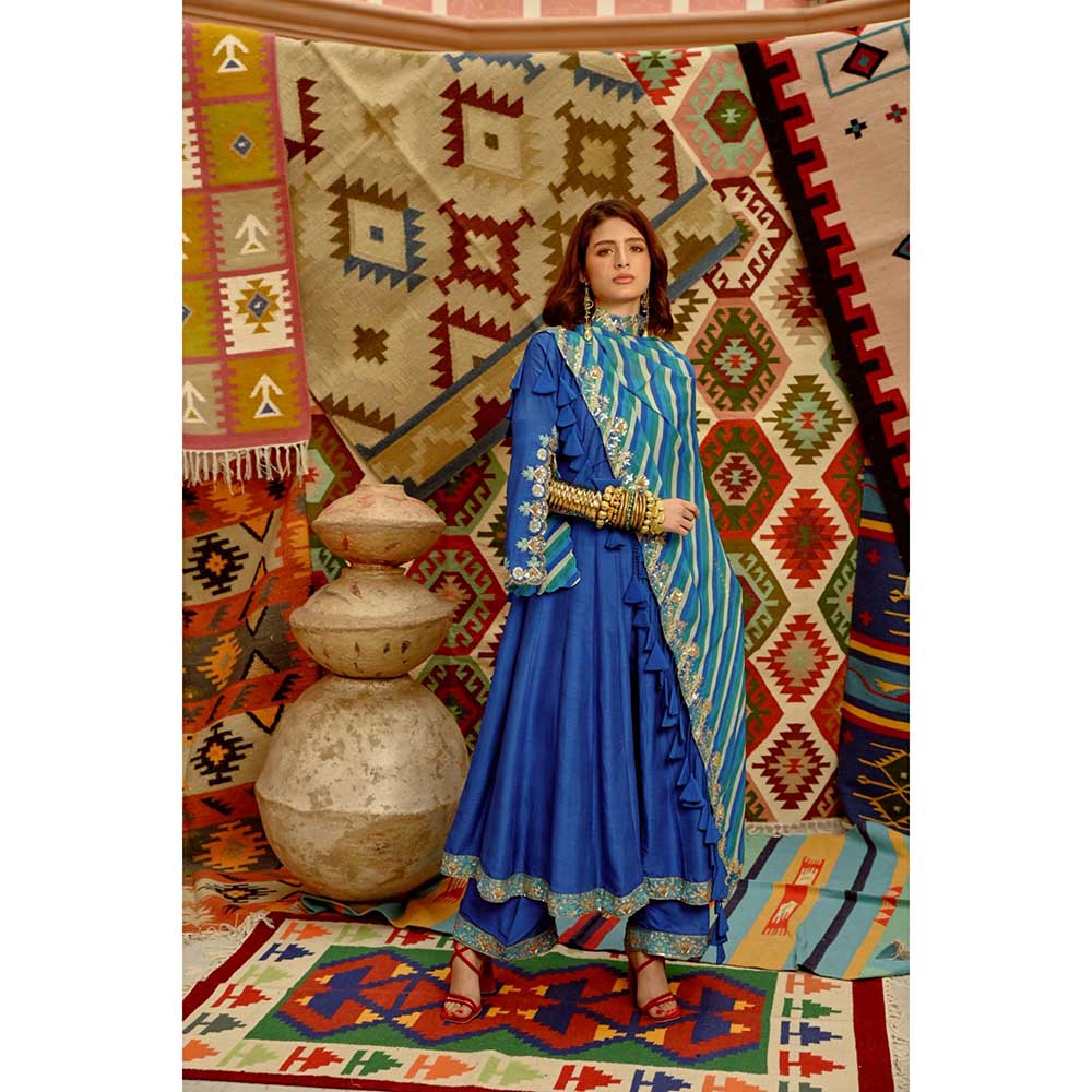 PALLAVI JAIPUR Cobalt Blue Slit Sleeve Anarkali with Dupatta and Pant (Set of 3)