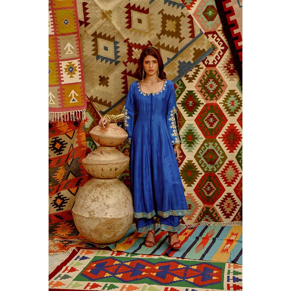 PALLAVI JAIPUR Cobalt Blue Slit Sleeve Anarkali with Dupatta and Pant (Set of 3)