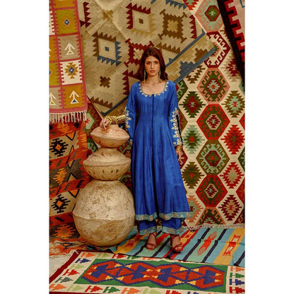 PALLAVI JAIPUR Cobalt Blue Slit Sleeve Anarkali with Dupatta and Pant (Set of 3)