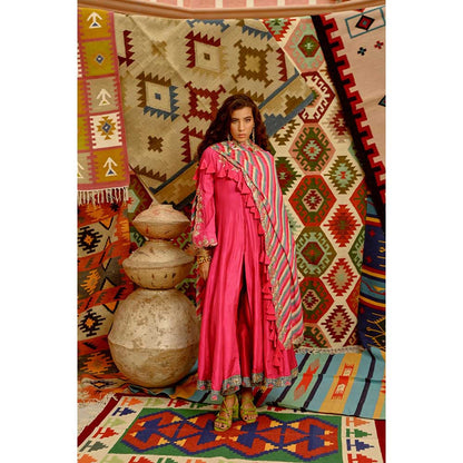 PALLAVI JAIPUR Hot Pink Slit Sleeve Anarkali with Hot Pink Dupatta and Pant (Set of 3)