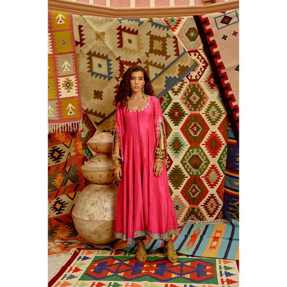 PALLAVI JAIPUR Hot Pink Slit Sleeve Anarkali with Hot Pink Dupatta and Pant (Set of 3)