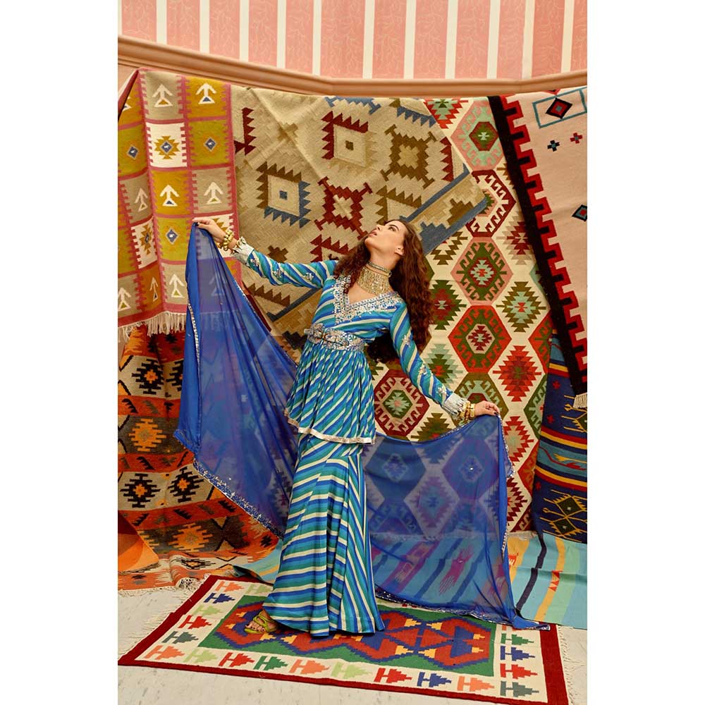 PALLAVI JAIPUR Cobalt Blue Treasure Tunic Sharara with Dupatta and Belt (Set of 4)