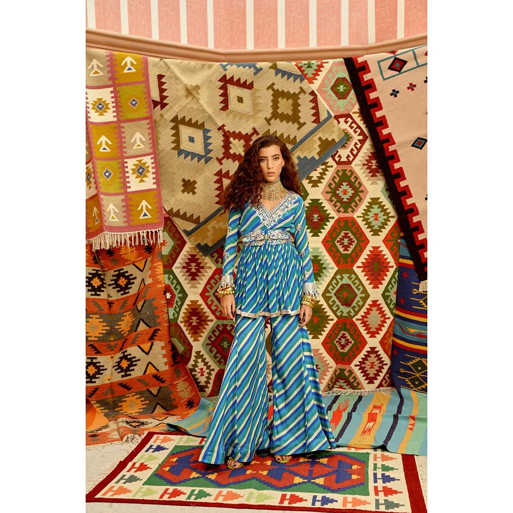 PALLAVI JAIPUR Cobalt Blue Treasure Tunic Sharara with Dupatta and Belt (Set of 4)