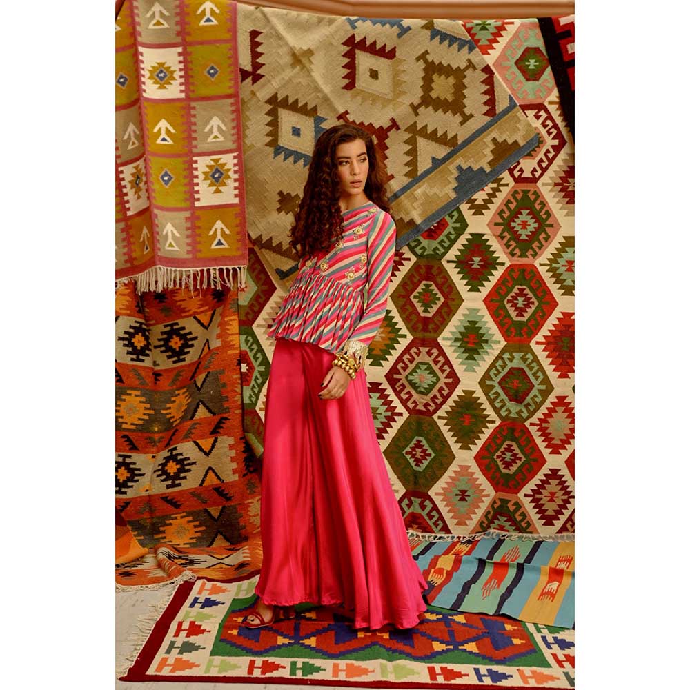 PALLAVI JAIPUR Hot Pink Indi-Leheriya Metal Bead Work Co-Ord (Set of 2)